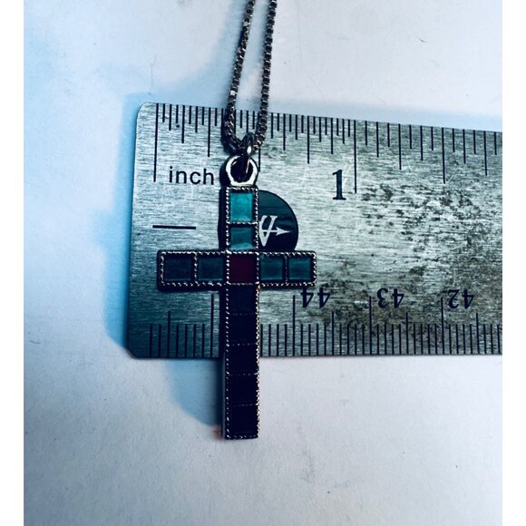 Sterling Silver 925 Cross Necklace Mosaic Inlay Pendant • 16” Italy Chain - Picture 10 of 12